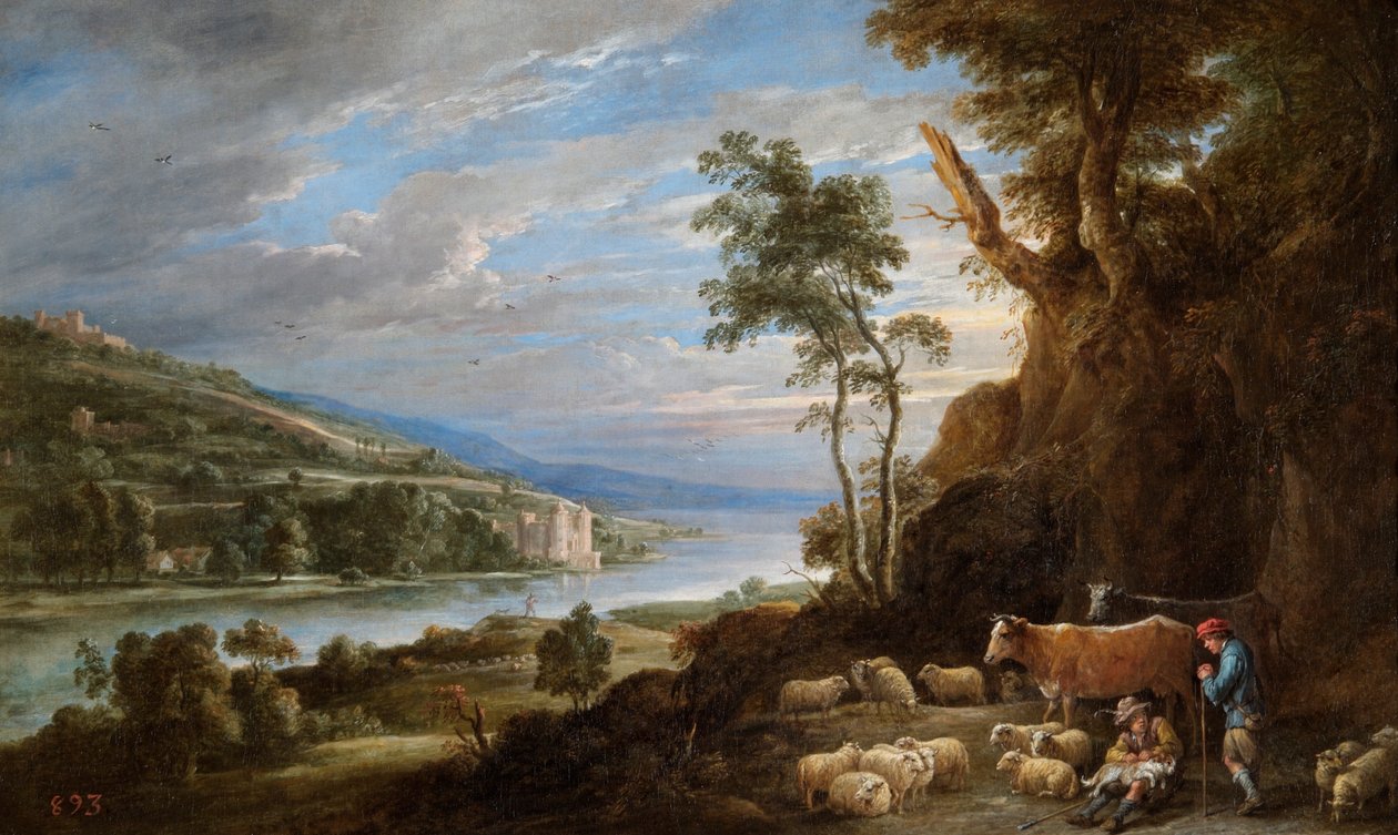 Çobanlar ve uzak bir kale görünümü ile manzara (tuval üzerine yağlı boya) by David Teniers the Younger