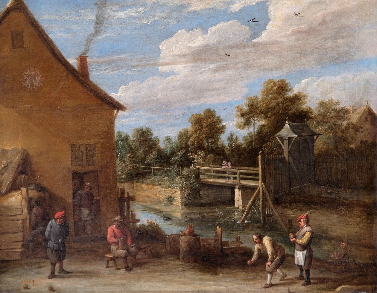 Nehir Kenarındaki Bir Hanın Önünde Bowling Oynayan Köylüler (tuval üzerine yağlıboya) by David Teniers the Younger