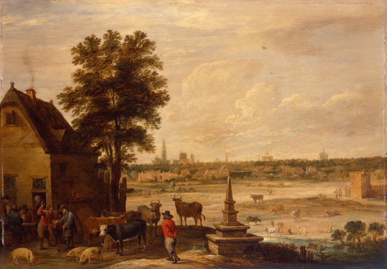 Antwerp Şehri Sınırında Domuz Satışı Üzerinde Pazarlık Yapan Köylüler (panelde yağ) by David Teniers the Younger