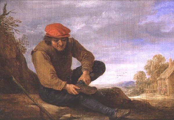 Oturan adam ayakkabısını çıkarıyor (panel) by David Teniers the Younger