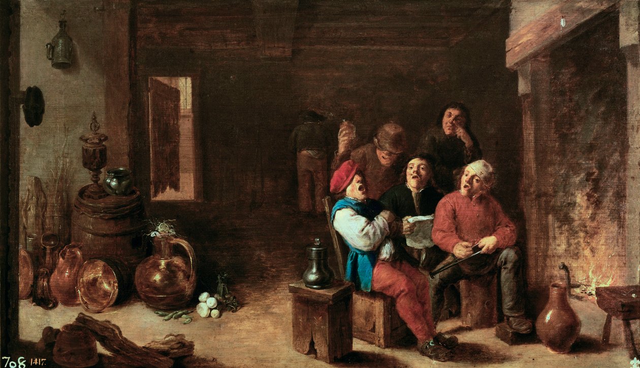 Mutfakta şarkı söylemek. David Teniers II Genç (1610-1690) tarafından yapılan resim. Ahşap üzerine yağlı boya, yaklaşık 1633, Flaman sanatı. Prado Müzesi, Madrid. by David Teniers the Younger