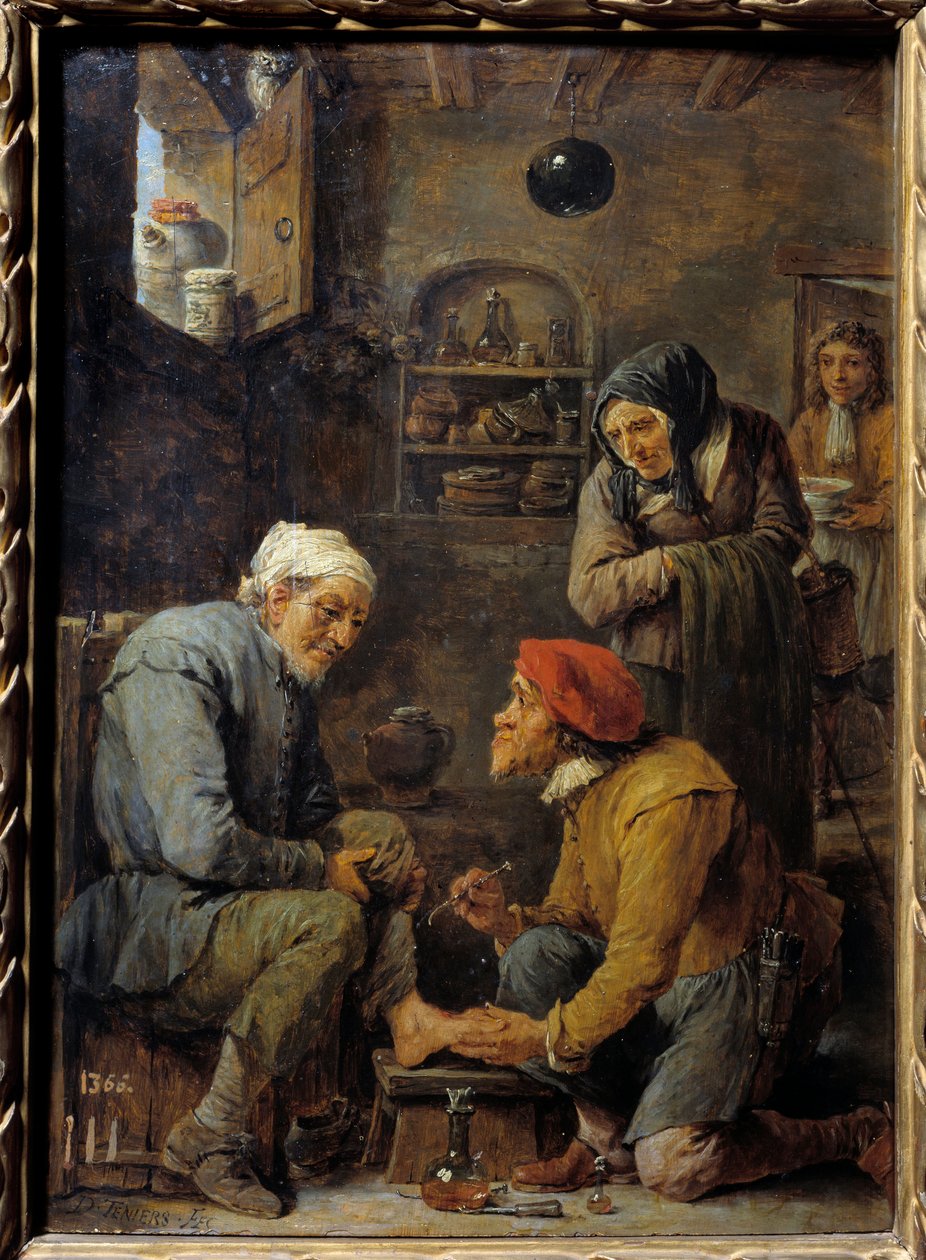 Ameliyat Bir adam hastanın ayağını açarken yakalandı. David Teniers II Genç (1610-1690) 17. yüzyıl Güneşi tarafından yapılan resim. 0,33x0,25 m Madrid, Prado Müzesi by David Teniers the Younger