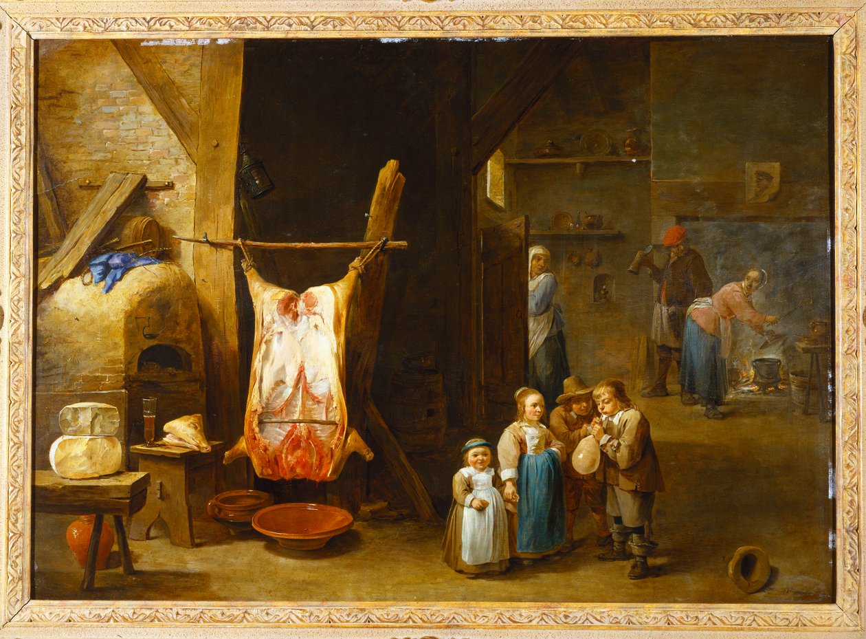 Domuz leşi ve mesaneyi havaya uçuran bir çocukla bir köylü kulübesinin içi, 1646 by David Teniers the Younger
