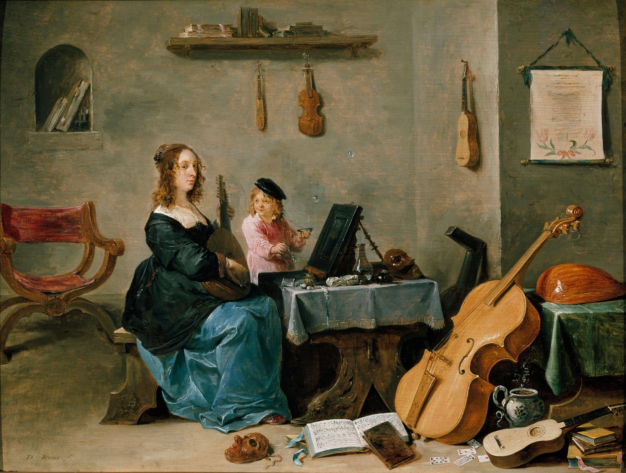 Ressamın eşi ve oğlu Sanatçının ailesinin portresi, genç kadın, çocuk sabun köpüğü yaparken enstrümanlarla dolu bir odada müzik çalıyor. David Teniers