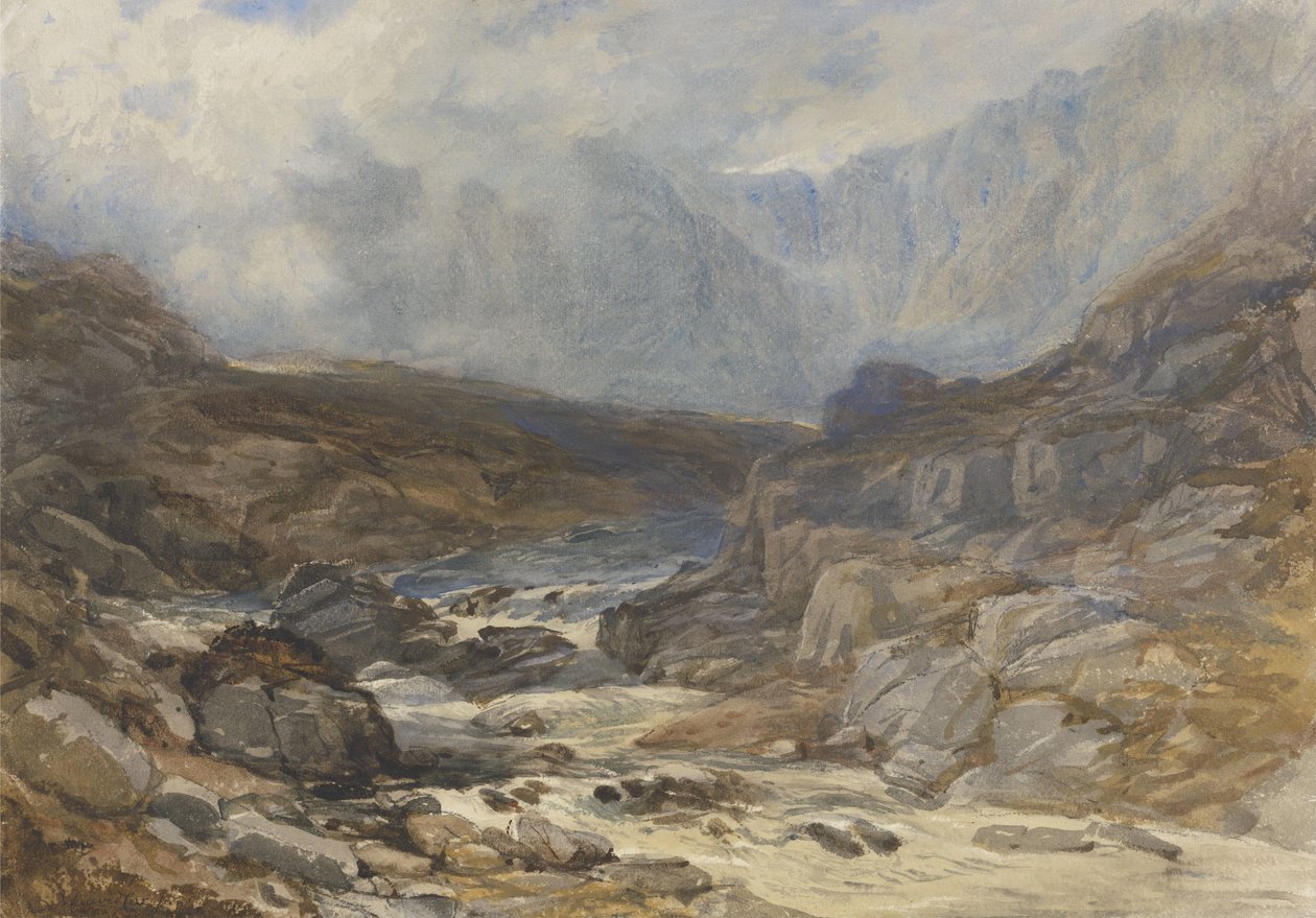 Torrential River ile Galler Dağ Manzarası (gövde renginde suluboya ve kağıt üzerinde siyah tebeşir) by David the younger Cox