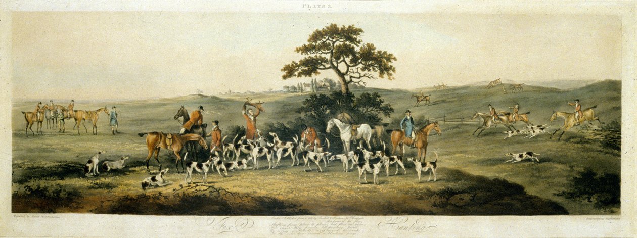 Tilki avı, plaka 3, Thomas Sutherland (1785-1838) 1817 (renkli taş) tarafından oyulmuş by Dean Snr. (after) Wolstenholme
