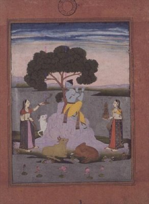 BL kedi. no.428, bir Johnson Albümünden no. 20 öğe 3, Krishna iki gopiye oynuyor, Haydarabad, c.1770 (altın, pembe renkli kenarlıklı guaj) by Deccani School
