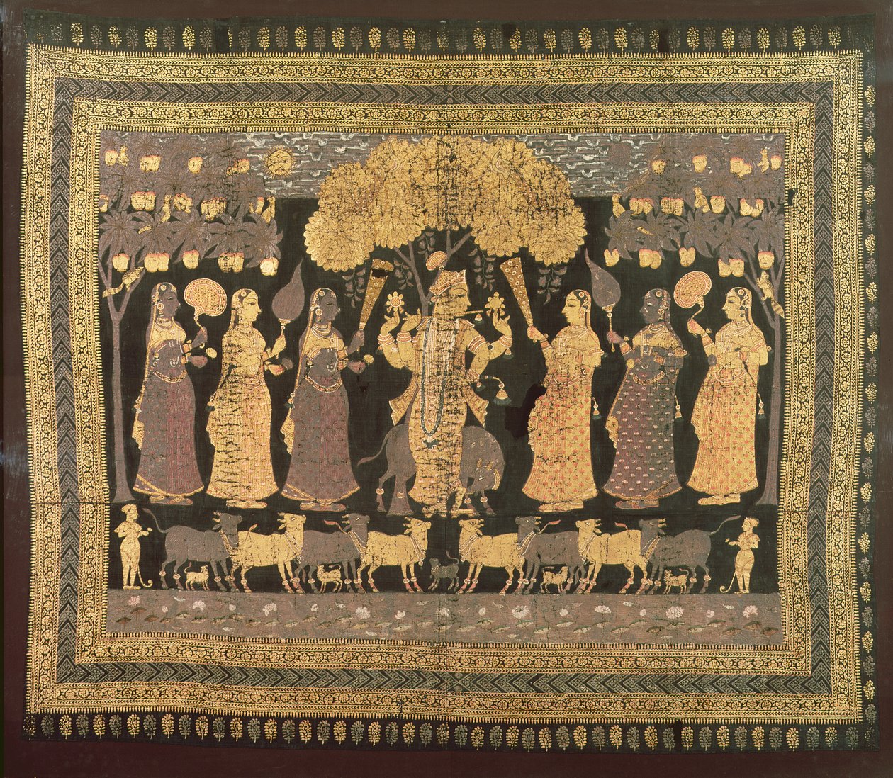 Krishna ve Gopileri (boyalı pamuk üzerine opak suluboya, altın ve gümüş) by Deccani School