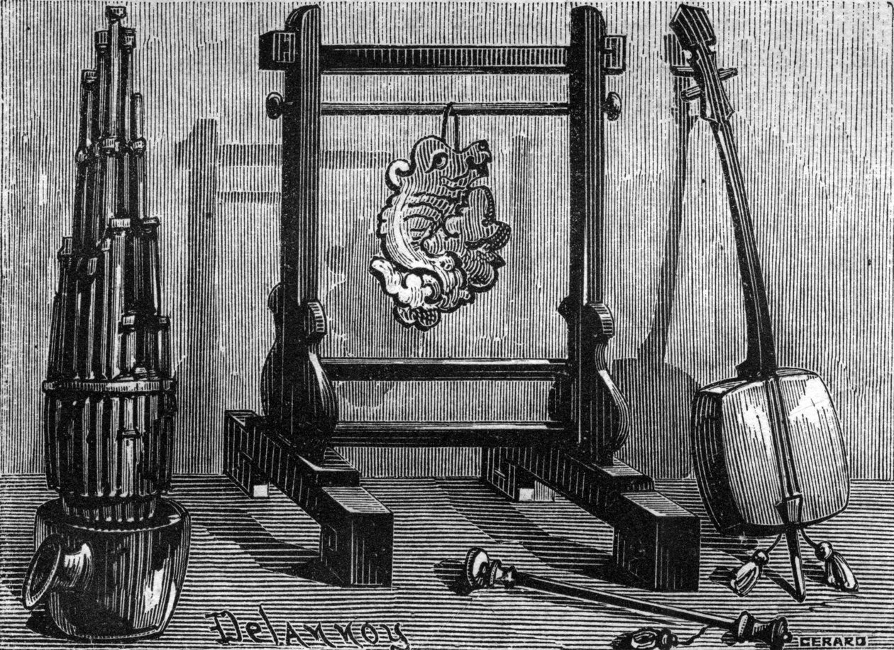 Çin müzik aletleri: org, ses taşı ve keman. by Delannoy Delannoy