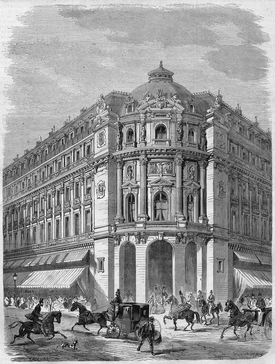 Paris'te Boulevard des Capucines ve Rue de la Chaussée-d'Antin'in köşesinde yer alan yeni Vaudeville tiyatrosunun cephe projesi, Auguste Magne'nin planlarına göre 1867-1869'da inşa edildi. Morin ve Delannoy. “” L'un'da by Delannoy Delannoy