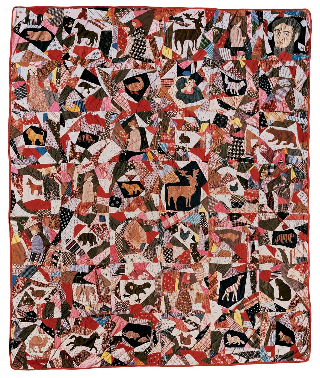 Applique and Pieced Crazy Quilt with Abraham Lincoln and Animals, 1870-1880 (cotton applique) by Delphia Noice Haskins