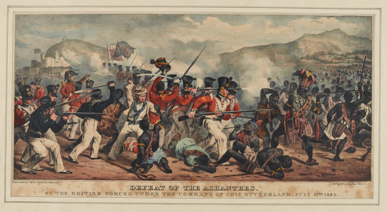 Ashantees'in Albay Sutherland komutasındaki İngiliz kuvvetleri tarafından yenilgiye uğratılması, 11 Temmuz 1824, J. Ronis tarafından yayınlandı, 1825 by Denis Dighton