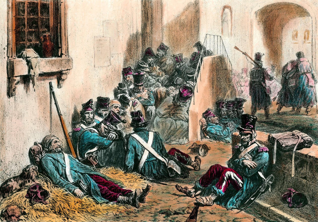Napolyon Savaşları sırasında tifüs Fransız ordusunun askerleri, hastalığın neden olduğu ateşten muzdariptir. Denis Auguste Raffet (1804-1860) 19. yüzyıl gravürü. Özel koleksiyon by Denis Auguste Marie Raffet