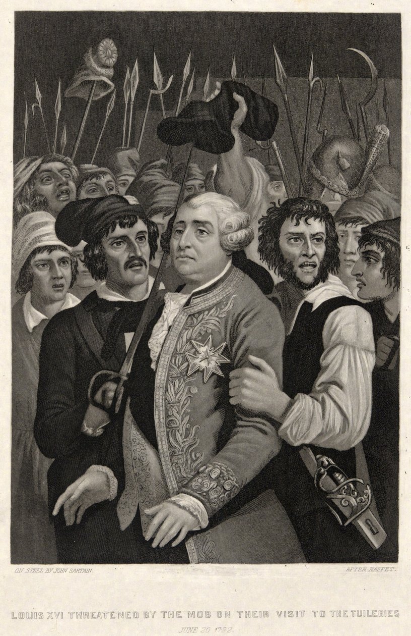 Louis XVI, Tuileries ziyaretlerinde Mob tarafından tehdit edildi, 20 Haziran 1792, John Sartain tarafından oyulmuş (gravür) by Denis Auguste Marie (after) Raffet