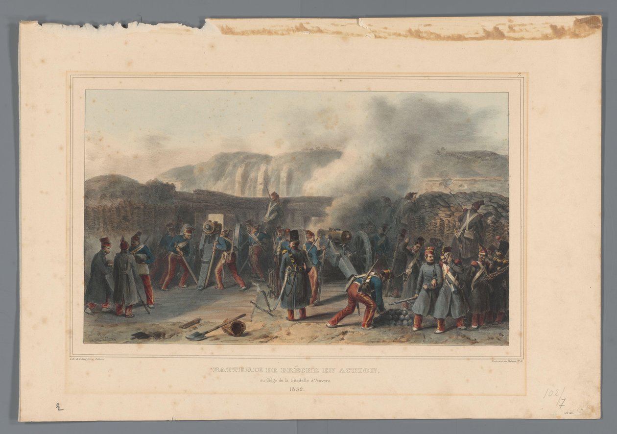 Beschieting van de Citadel, 1832 İhlal pili iş başında (nesne üzerinde başlık) Raffet tarafından Antwerp Kalesi kuşatması sırasında doğadan yapılmış çizimler (nesne üzerinde seri başlığı) by Denis Auguste Marie Raffet