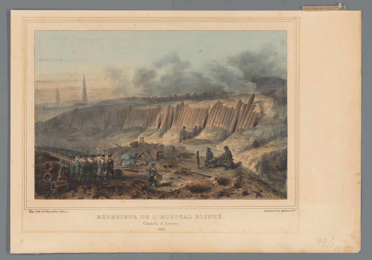 Anvers Kalesi'nin kazılmış sahra hastanesinin dışı, 1832 Exterieur de l'hopital blindé (nesne üzerindeki başlık) Dessins faits d'après nature au siège de la Citadelle d'Anvers par Raffet (nesne üzerine seri başlığı) by Denis Auguste Marie Raffet