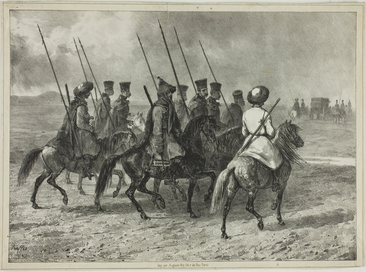 Kuban, Taman (Orta Rusya) Sınırında Kazak Eskortu, 11 Ekim 1837 by Denis Auguste Marie Raffet