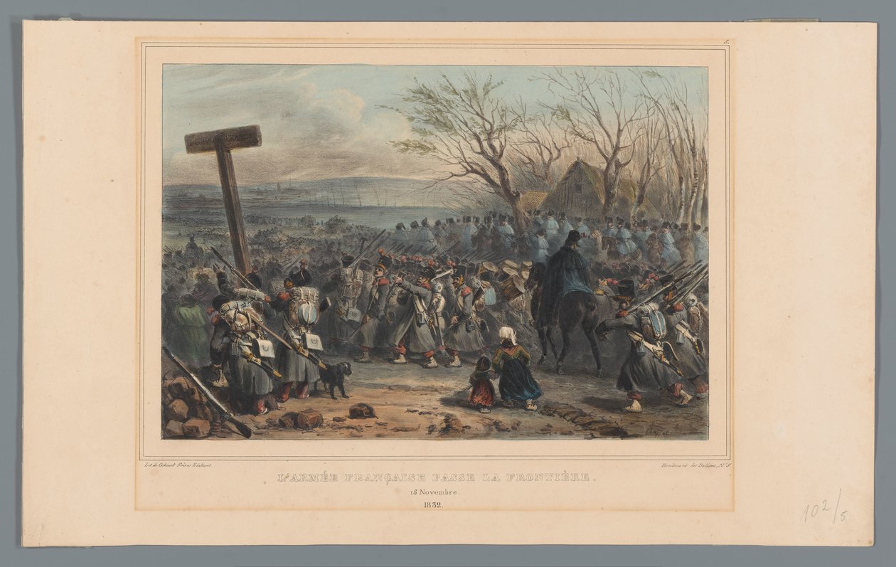 Franse leger rukt op, 1832 Fransız ordusu sınırı geçiyor (nesne üzerinde başlık) Raffet tarafından Antwerp Kalesi kuşatması sırasında doğadan yapılmış çizimler (nesne üzerinde seri başlığı) by Denis Auguste Marie Raffet