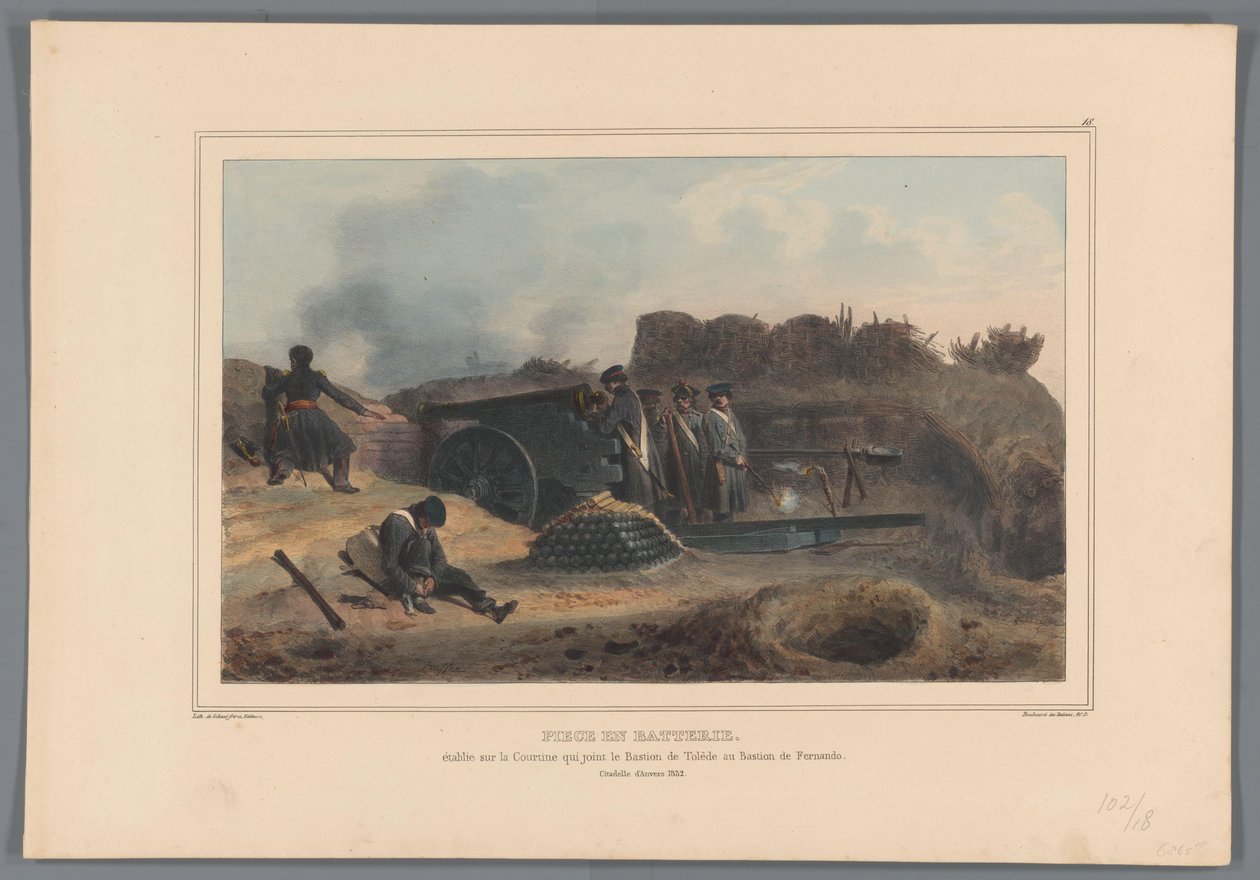 Geschut in actie, 1832 Pilli parça, Toledo Bastion'ı Fernando Bastion'a bağlayan Courtine üzerine kurulmuş (nesne üzerindeki başlık) Raffet'in Antwerp Kalesi kuşatması sırasında doğadan yaptığı çizimler (nesne üzerine seri başlığı) by Denis Auguste Marie Raffet