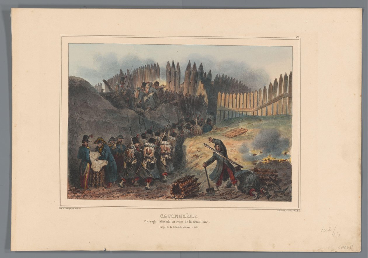 Palisade'de açılan Groep askeren trekt kapısı, 1832 Caponniere, yarım ayın önünde çitle çevrili çalışma (nesne üzerindeki başlık) Raffet tarafından Antwerp Kalesi kuşatmasındaki hayattan yapılan çizimler (nesne üzerindeki seri başlığı) by Denis Auguste Marie Raffet