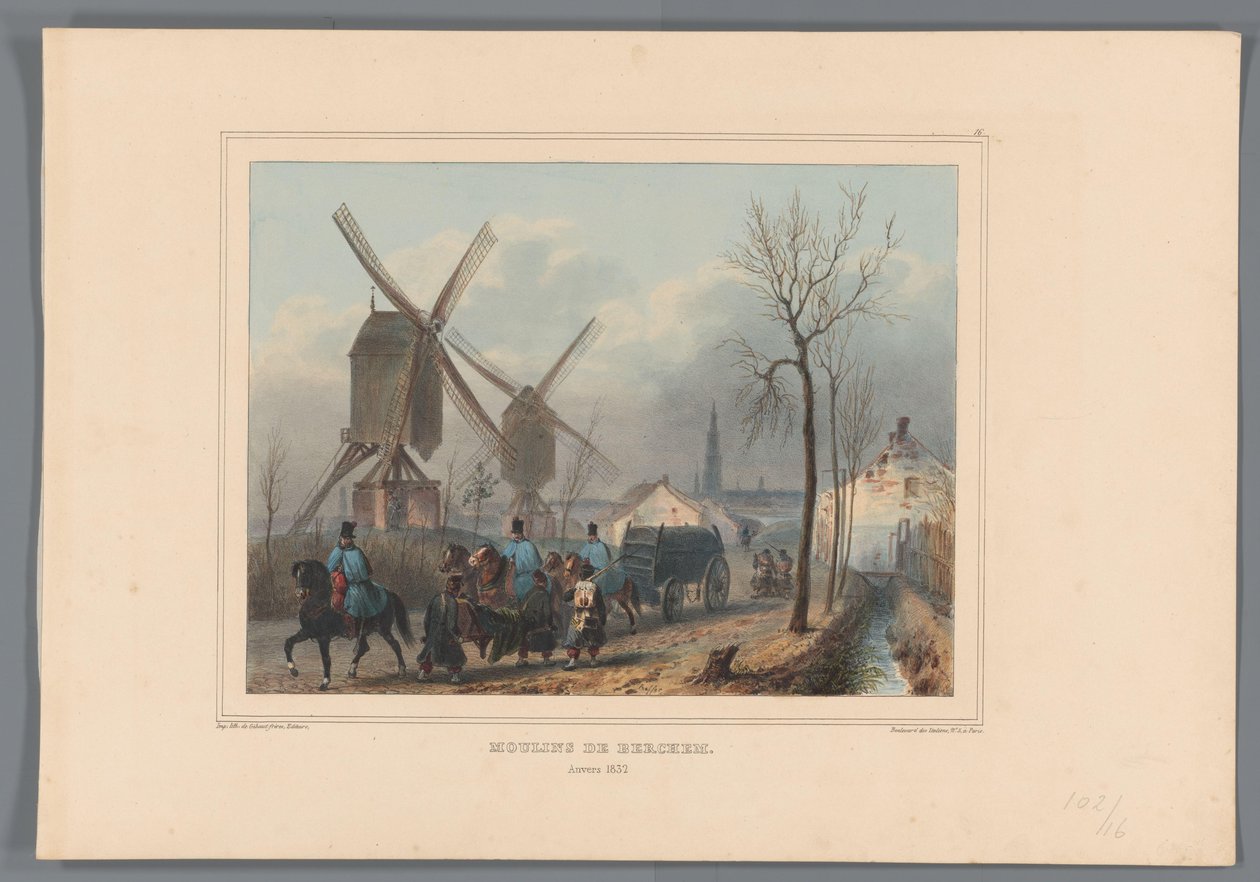 Molens van Berchem, 1832 Berchem Değirmenleri (nesne üzerindeki başlık) Raffet tarafından Antwerp Kalesi kuşatması sırasında doğadan yapılan çizimler (nesne üzerindeki seri başlığı) by Denis Auguste Marie Raffet