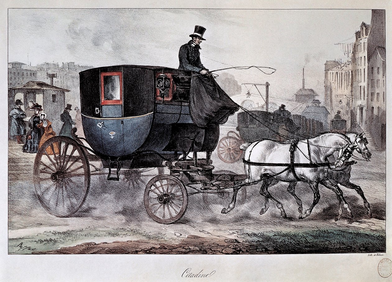 19. yüzyılda toplu taşıma: Paris sokaklarında bir taksi (renkli gravür) by Denis Auguste Marie Raffet