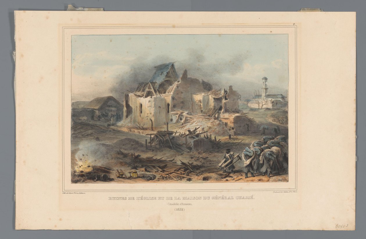 Ruïnes van de kerk en het huis van generalal Chassé, 1832 General Chassé'nin kilisesi ve evinin kalıntıları (nesne üzerindeki başlık) Raffet tarafından Antwerp Kalesi kuşatması sırasında doğadan yapılan çizimler (nesne üzerindeki seri başlığı) by Denis Auguste Marie Raffet