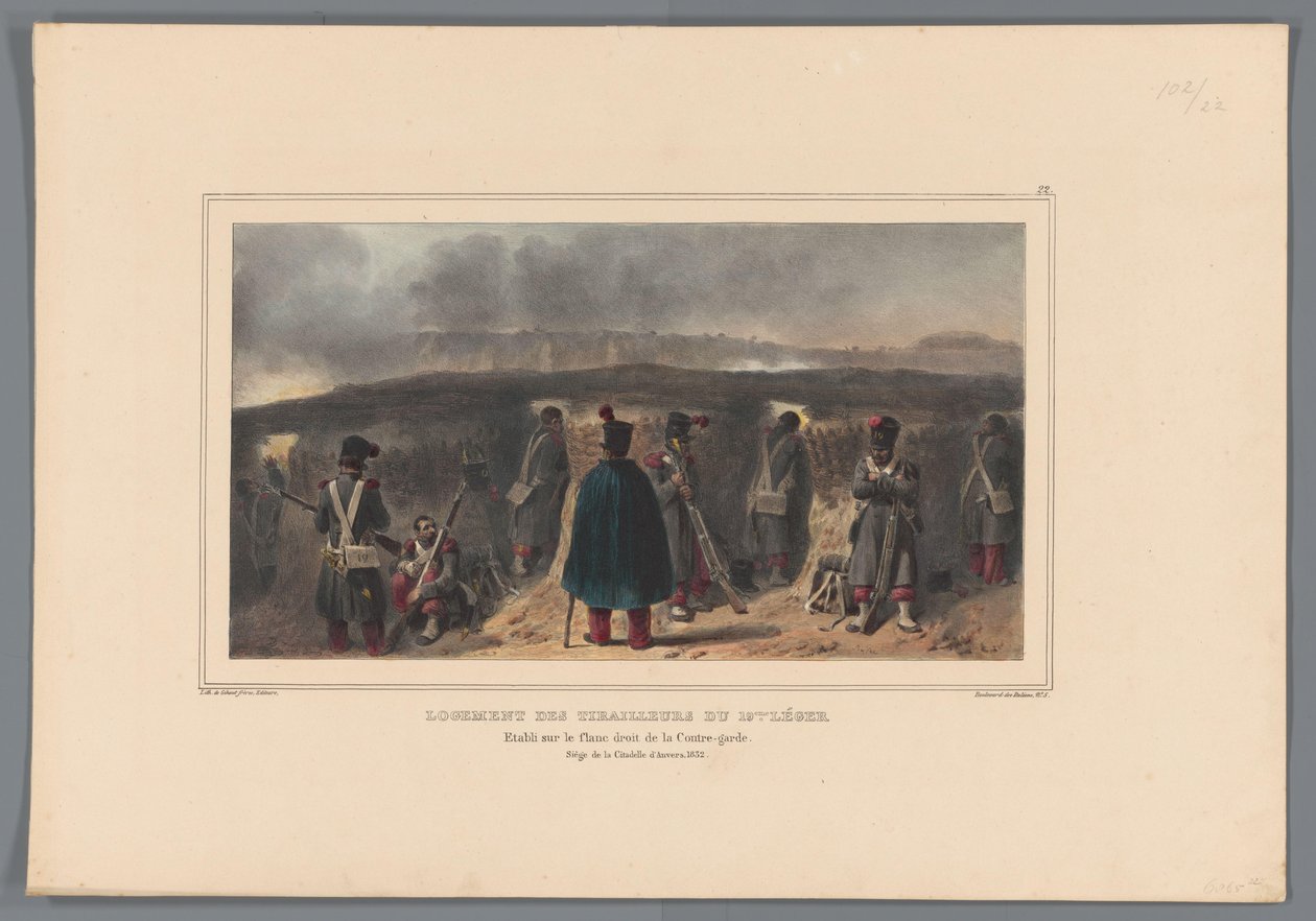 Schutters achter een borstwering, 1832 19. ışık avcılarının konutu (nesne üzerindeki başlık) Raffet tarafından Antwerp Kalesi kuşatması sırasında doğadan yapılan çizimler (nesne üzerindeki başlık) by Denis Auguste Marie Raffet