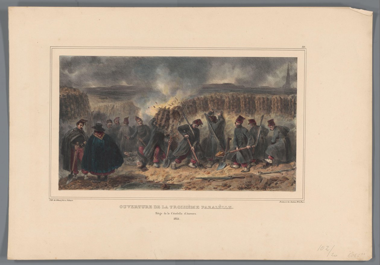 Soldaten oymalı ilmek ilmek, 1832 Üçüncü paralelin açılışı (nesne üzerindeki başlık) Raffet tarafından Antwerp Kalesi kuşatması sırasında doğadan yapılan çizimler (nesne üzerindeki seri başlığı) by Denis Auguste Marie Raffet