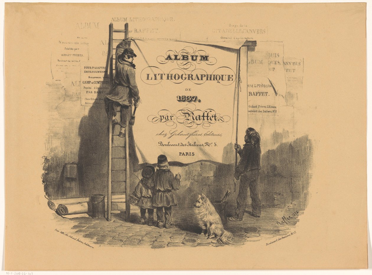 İki adam bir duvara bir poster yapıştırıyor Album lithographique de 1837 (nesne üzerinde seri başlığı) by Denis Auguste Marie Raffet