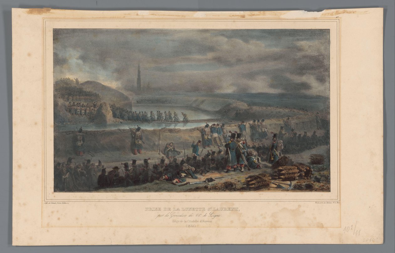 St. Laurent çerçevesinin ververingi, 1832 65. de Ligne Grenadiers tarafından St. Laurent çerçevesinin ele geçirilmesi (nesne üzerindeki başlık) Raffet tarafından Antwerp Kalesi'nin karargahında doğadan yapılan çizimler (nesne üzerinde seri başlığı) by Denis Auguste Marie Raffet
