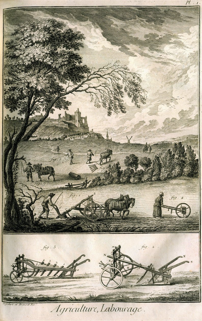 Tarla çalışması - Tarım, ekim, çiftçilik. Çeşitli model rulolar ve pulluklar: Diderot Ansiklopedisi, orijinal baskı 1762