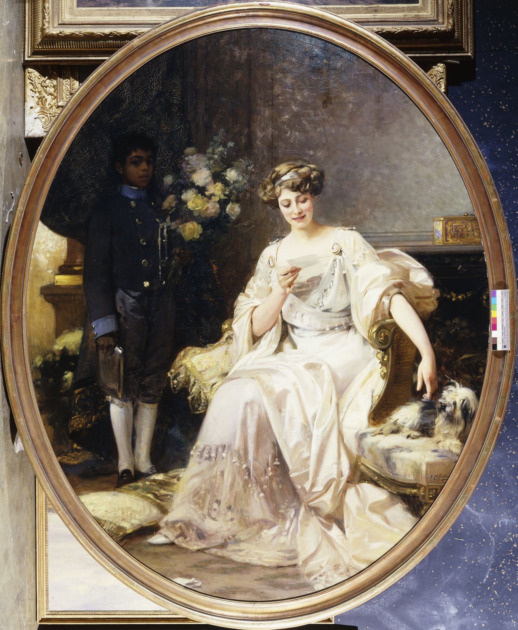 Anna de Noailles Olduğu Söylenen Bir Kadının Portresi, Tam Boy Oturmuş, İç Mekanda Zenci Sayfası by Denis Etcheverry