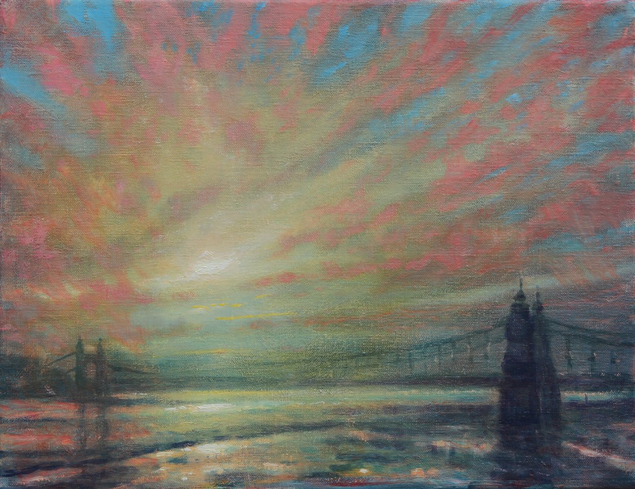 Hammersmith Bridge'de Gün Batımı, 2022 (Tuval Üzeri Yağlıboya) by Derek Hare