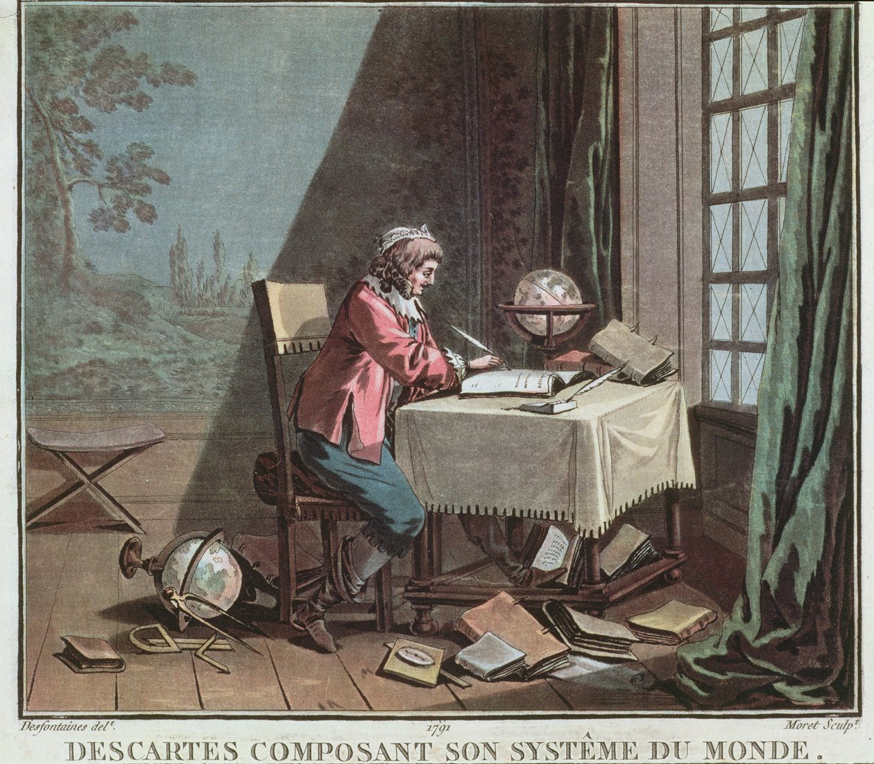 Rene Descartes (1596-1650) kendi dünya sistemini yazıyor, Jean Baptiste Moret (fl.1790-1820), 1791 tarafından oyulmuş by Desfontaines