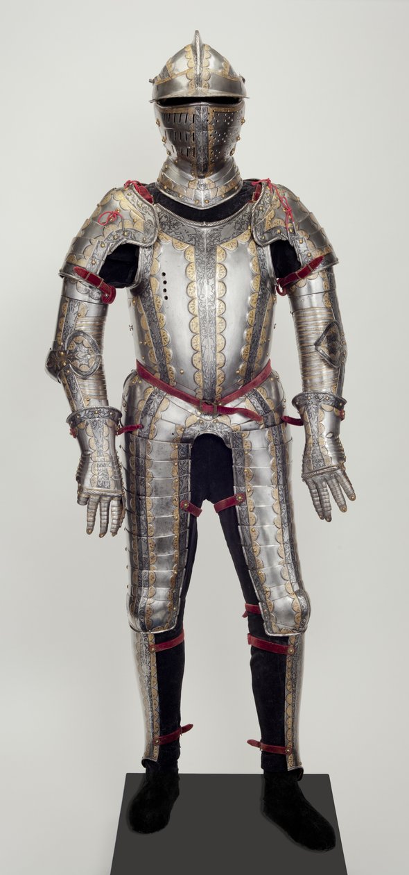 Bir Garnitürden Tarla Zırhı, muhtemelen Ludwig Ungnad von Weissenwolf auf Sunegg için yapılmış, c.1552 (kabartmalı, kazınmış, karartılmış ve yaldızlı süslemeli çelik, modern pirinç, kadife, deri ve çelik ile) by Desiderius Helmschmid