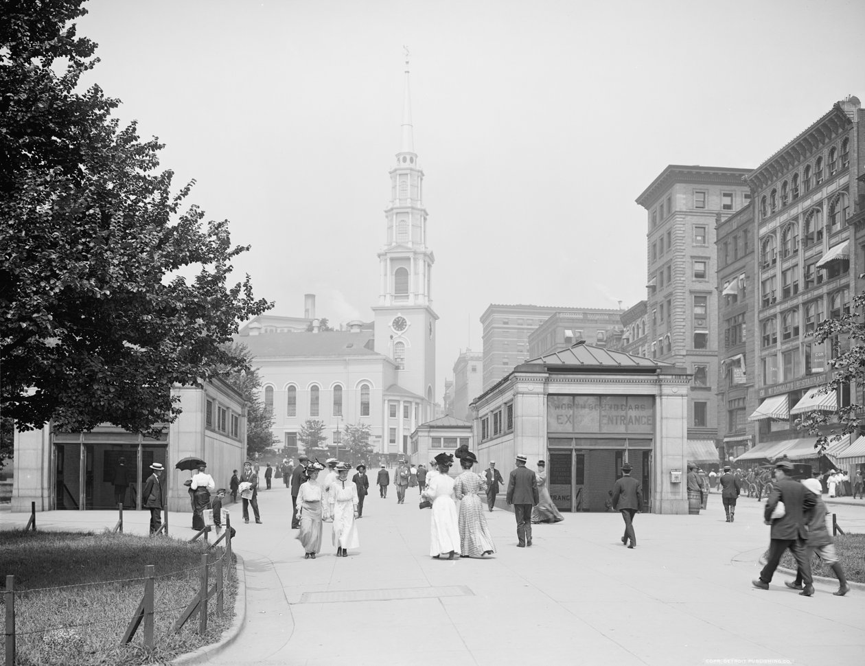 Park Street Kilisesi ve Tremont Street alışveriş merkezi, Boston, Massachusetts, c.1906 by Detroit Publishing Co.