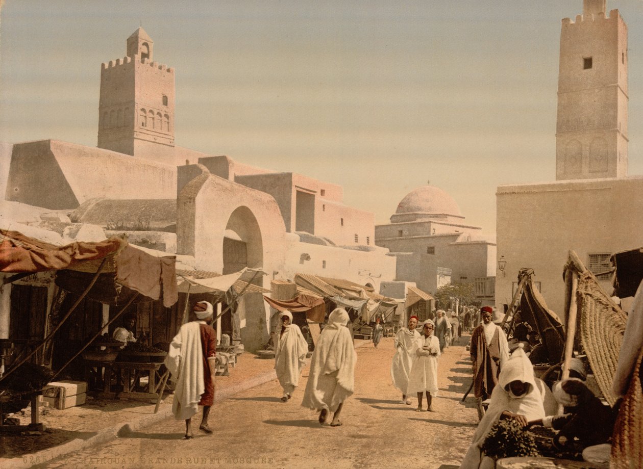 Ana Caddede Bir Cami, Kairwan, Tunus, c.1899 (fotomekanik baskı) by Detroit Photographic Co.