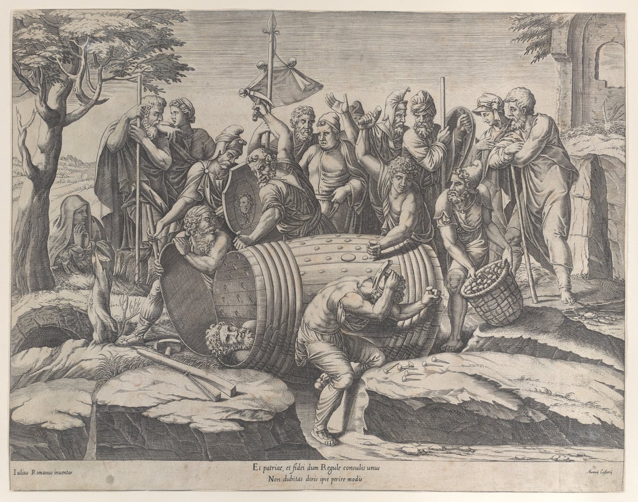 Marcus Atilius Regulus bir fıçıda iki adam çivi çakarken, çeşitli fi..., 1555-77. by Diana Mantuana