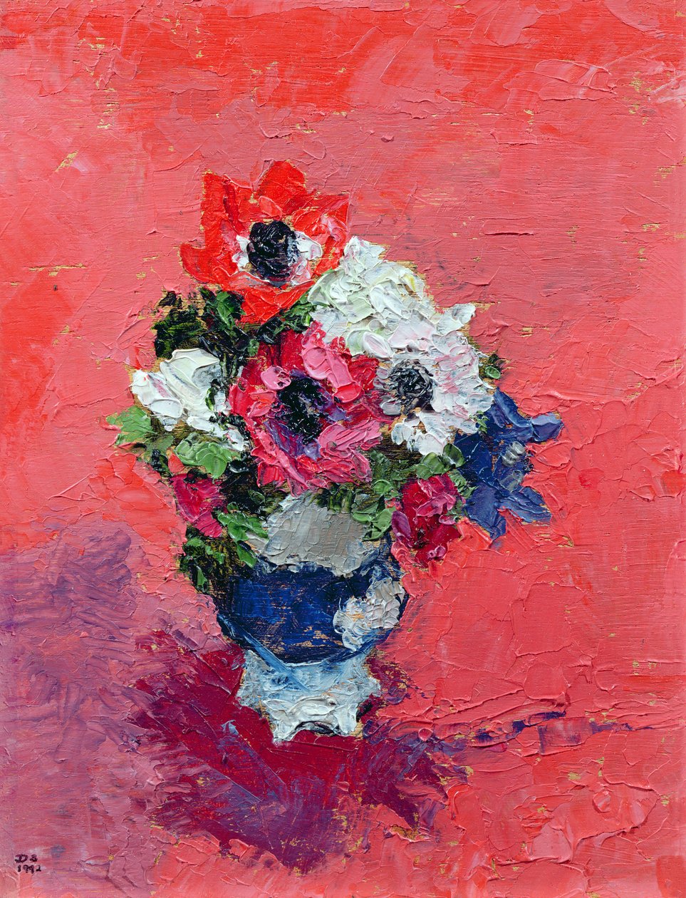 Kırmızı zeminde anemonlar, 1992 (tahta) by Diana Schofield
