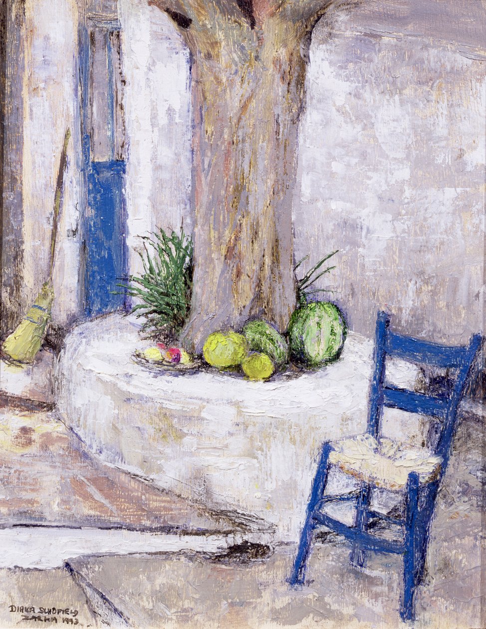 Ağacın Yanındaki Mavi Sandalye, 1993 (tahta) by Diana Schofield