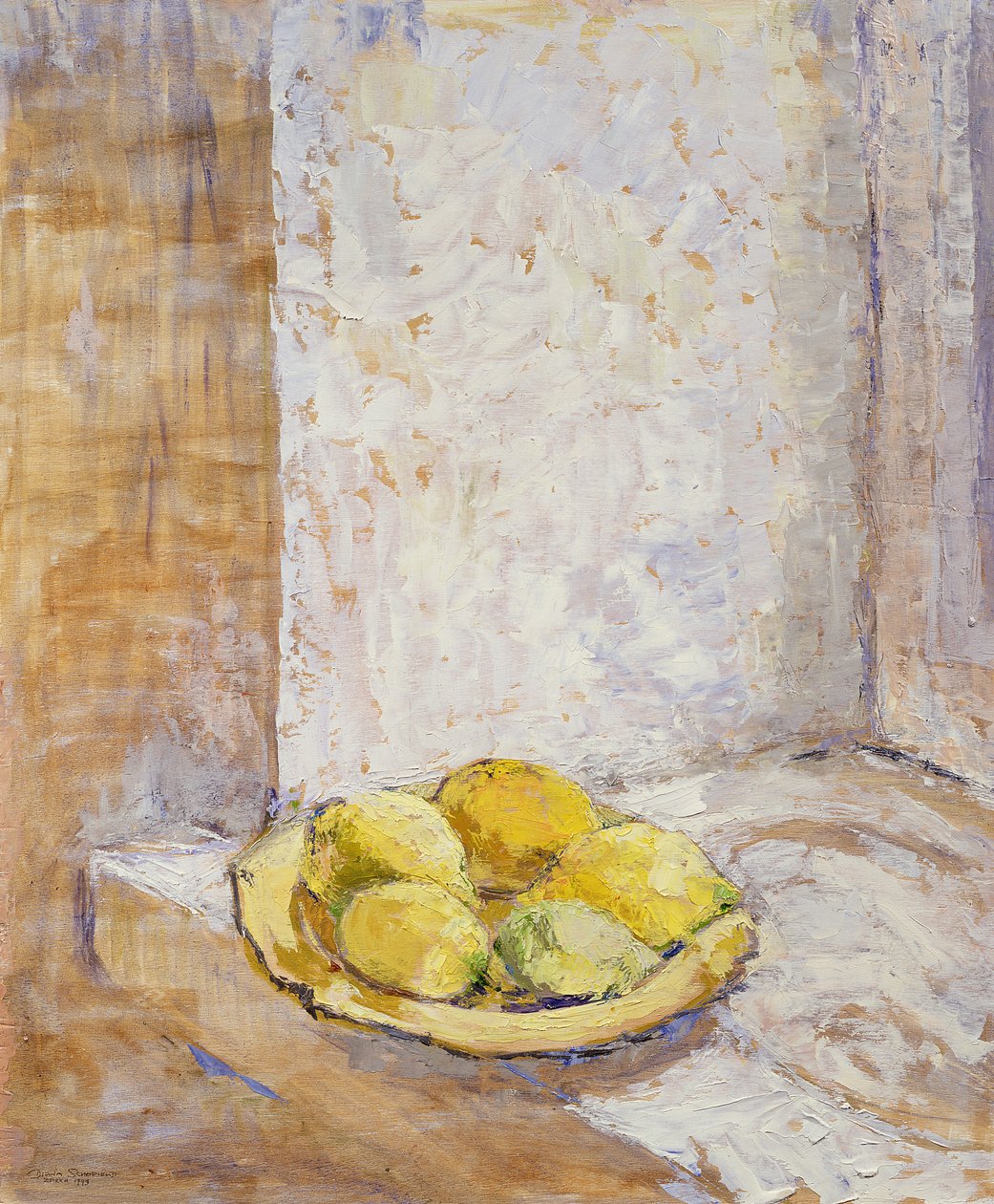 Pencere pervazındaki limonlar, 1993 (tahta) by Diana Schofield