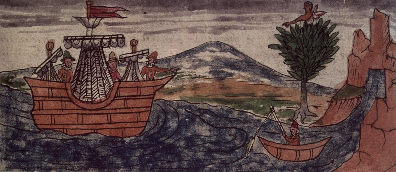 Fol.197v Hintli bir casus, Meksika kıyılarına bir İspanyol gemisinin gelişini gözlemler, 1579 by Diego Duran