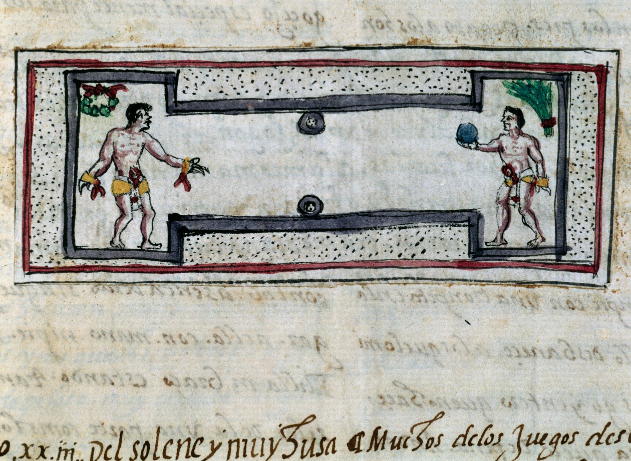 Pelota oyunu oynayan Aztekler, Diego Duran (1537-1588) tarafından Hint Adaları Tarihinden (Historia de las Indias) minyatür, 1579