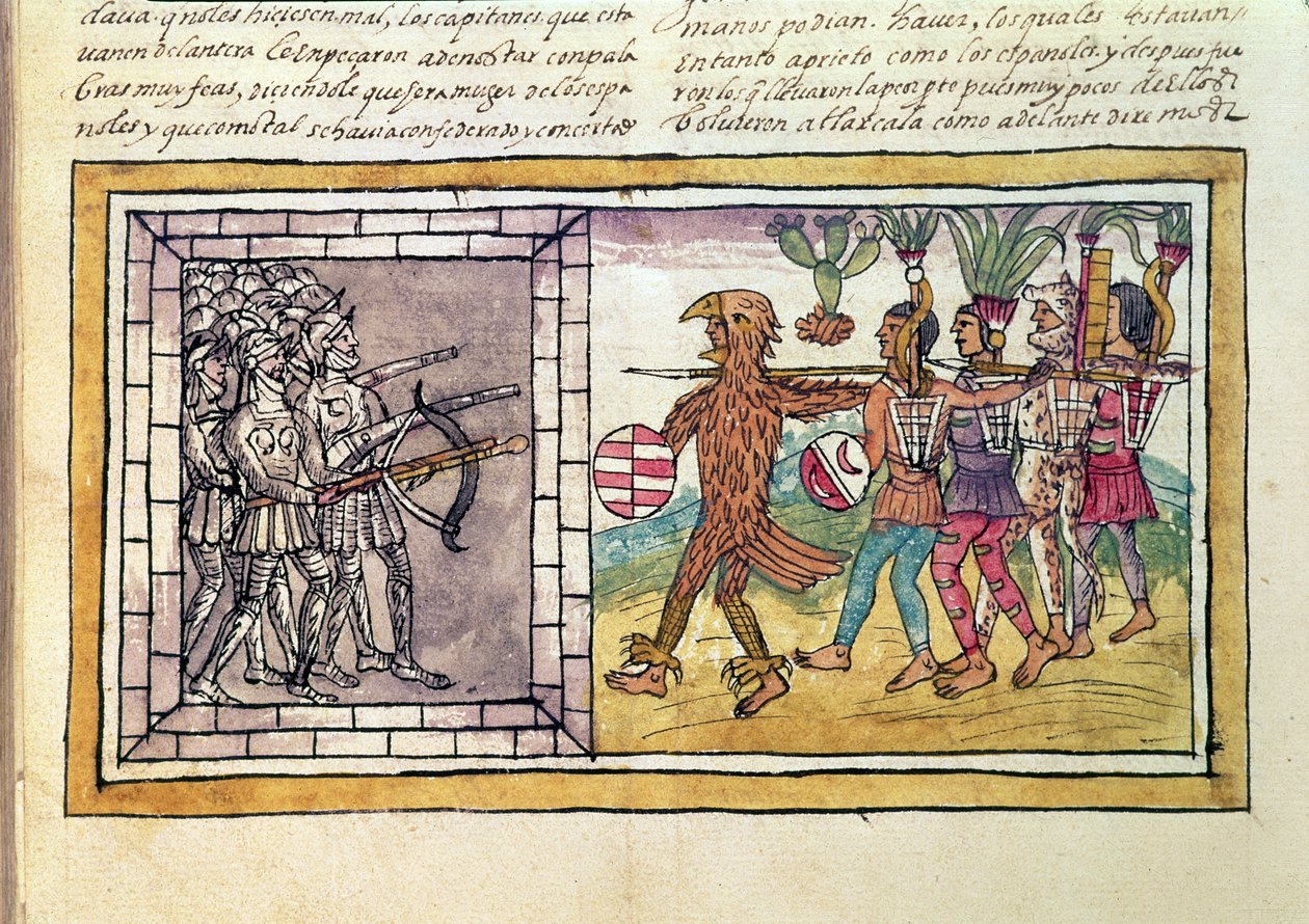 Codex Duran: Pedro de Alvarado (c.1485-1541) Aztek savaşçıları tarafından kuşatılan Hernando Cortes