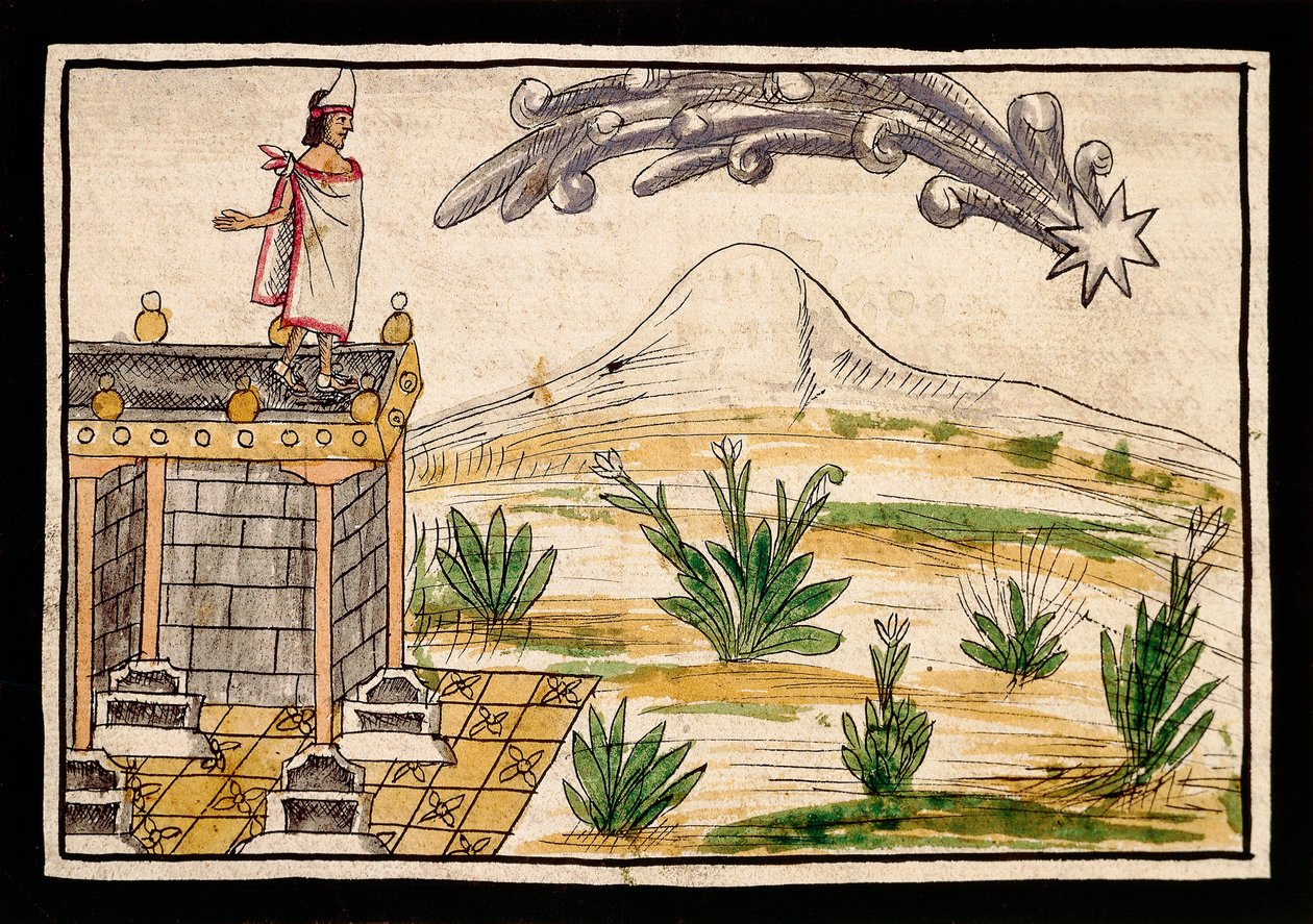 Montezuma kuyruklu yıldızı gözlemliyor, Diego Duran'ın (1537-1588) Hint Adaları Tarihi'nden minyatür by Diego Duran