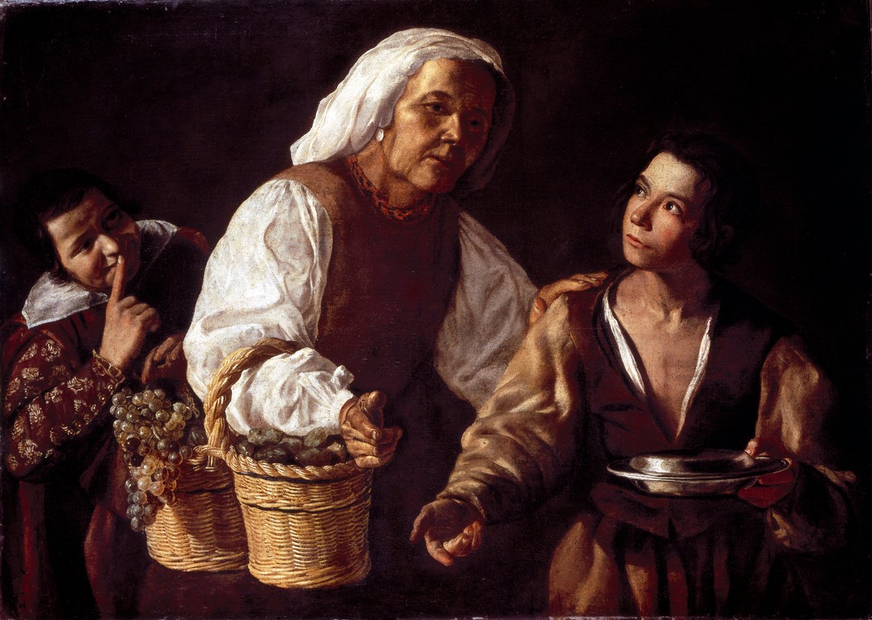 İki Oğlan ve Yaşlı Meyve Kadın veya Yaşlı Meyve Satıcısı (Dos Muchachos y vieja con fruta o La vieja frutera). Silva Velazquez (Velasquez) tarafından Diego Rodriguez tarafından boyama by Diego Rodriguez de Silva y (attr. to) Velazquez