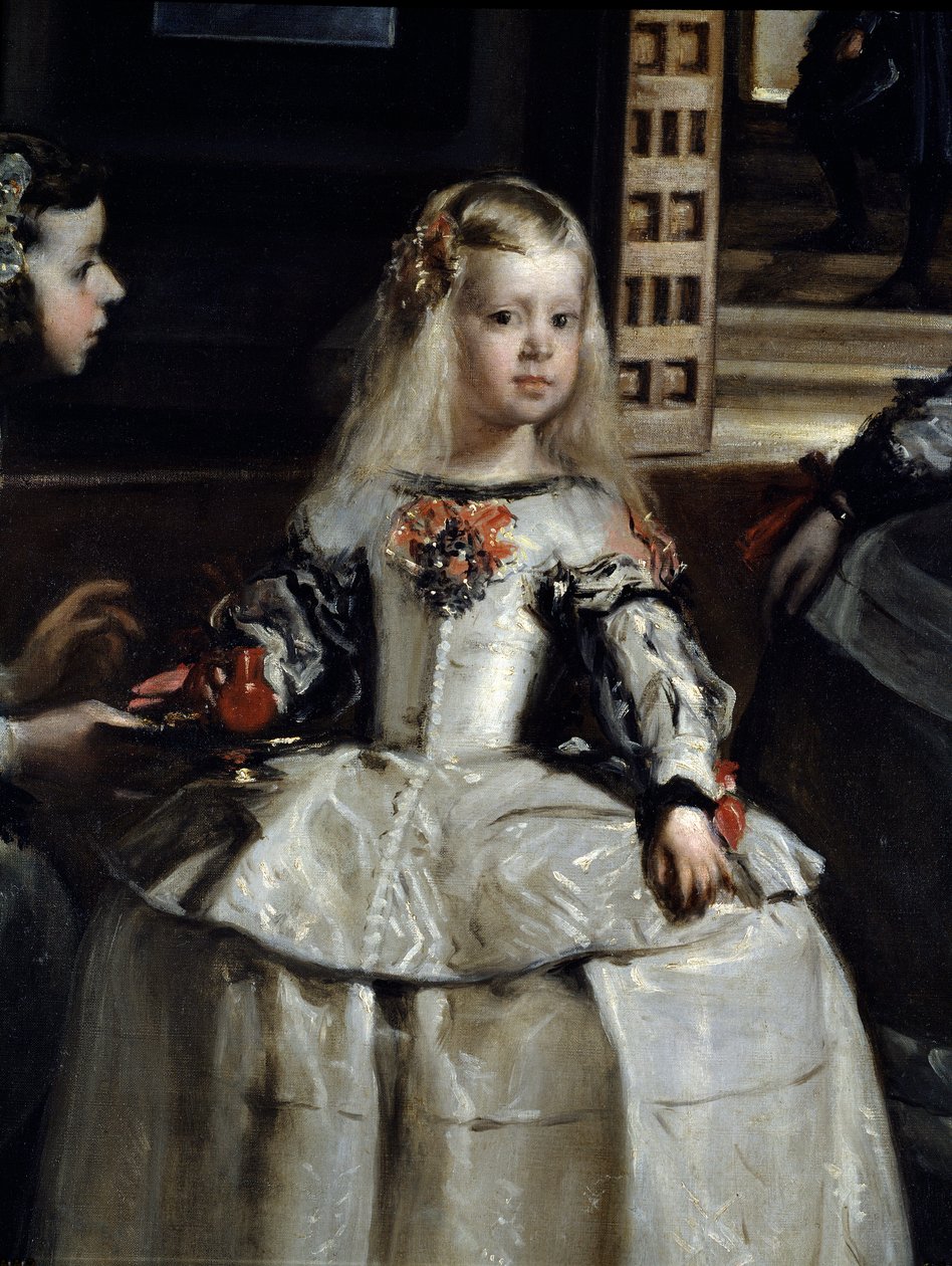 Las Meninas, Ayrıntı: Hizmetçiler ve saray cüceleriyle çevrili Margarita Teresa by Diego Rodriguez de Silva y Velazquez