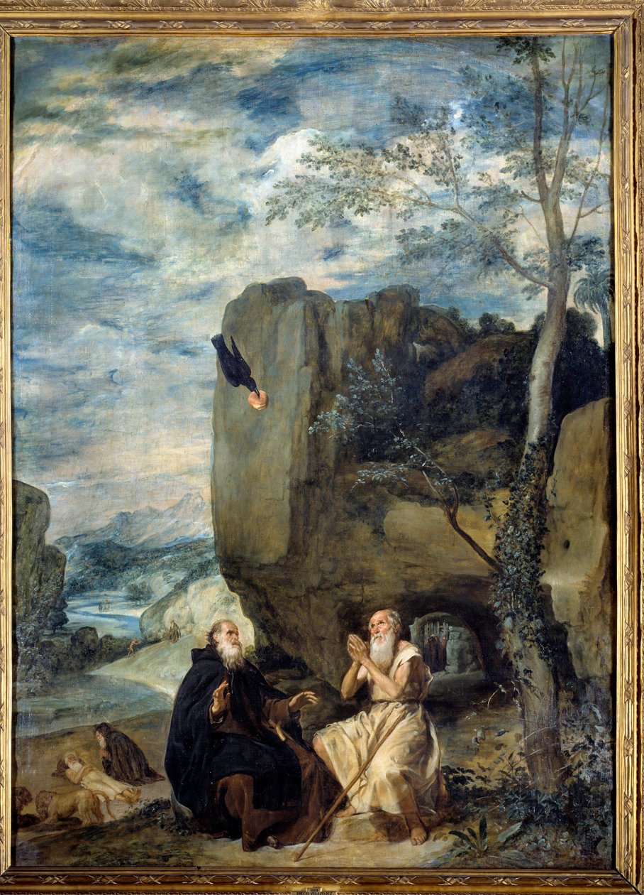 Aziz Anthony the Great (veya Saint Anthony the Hermit veya Saint Anthony the Abbe) ve Saint Paul Hermit. Resim Diego Rodriguez de Silva y Velasquez (1599-1660), yaklaşık 1635. Tuval üzerine yağlı boya. Karartma: 2.57 X 1.88m. Madrid, Musee Du Prado by Diego Velázquez