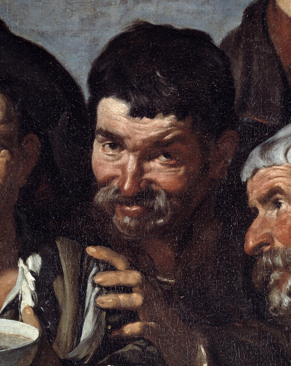Bacchus'un zaferi veya "Sarhoşlar" Sarhoş bir yüzün detayı. Diego Rodriguez de Silva y Velasquez (1599-1660) tarafından 1639-1642 dolaylarında tablo. karartmak 1,65x2,25 m Madrid, Prado Müzesi by Diego Velázquez